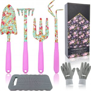 Gardening Tool Set - 6PCS Heavy Duty Garden Tools Kit, Floral Print Garden Tool Set with Non-Slip Handle, Gardening Supplies Gifts for Women(Trowel, Fork, Hand Rake, Cultivator, Gloves, Kneeling Pad)